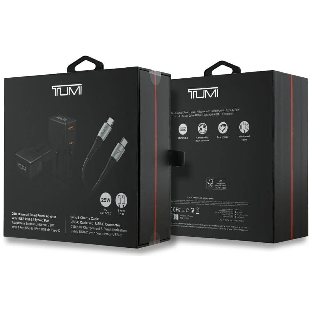Tumi Travel Adapter 25W Φορτιστής Ταξιδίου με 1 Θύρα Type-C και 1 Θύρα USB και Καλώδιο Type-C to Type-C - Black