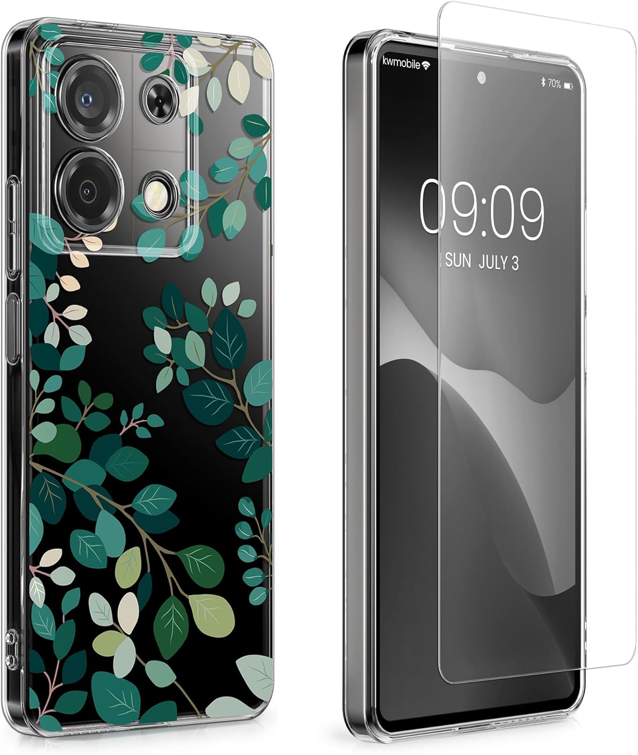 KW Xiaomi Redmi Note 13 Pro 5G / Poco X6 5G Θήκη Σιλικόνης TPU με Αντιχαρακτικό Γυαλί - Design Spring Leaves - Green / Διάφανη