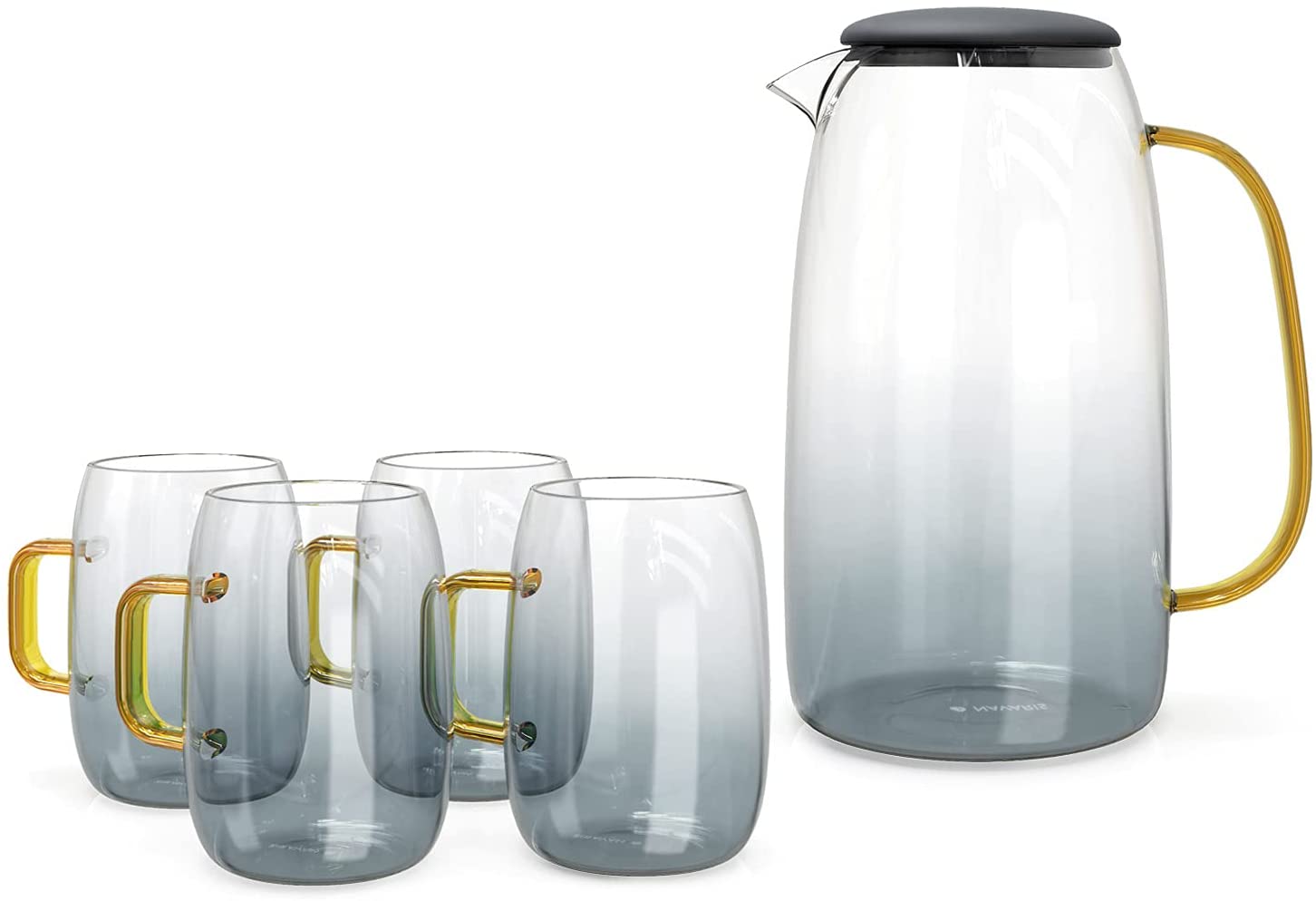 Navaris Γυάλινη Κανάτα Νερού με Καπάκι Σιλικόνης και 4 Ποτήρια - 1,55L - Grey / Διάφανη - 51066.22.05