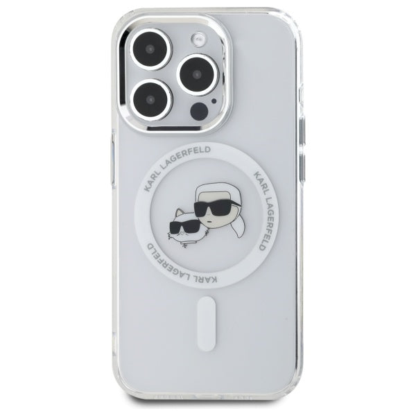 Karl Lagerfeld iPhone 15 Pro - IML Metal Karl and Choupette Head - Σκληρή Θήκη με Πλαίσιο Σιλικόνης και MagSafe - White - KLHMP15LHLSKCH