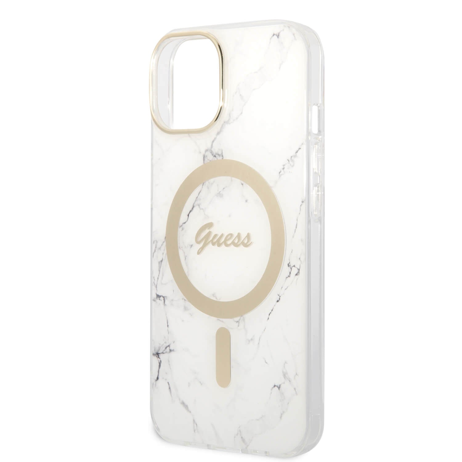 Guess iPhone 15 / 14 / 13 - Bundle Pack - Σετ Σκληρή Θήκη με Πλαίσιο Σιλικόνης και Ασύρματος Φορτιστής MagSafe - Design Marble MagSafe - White - GUBPP14SHMEACSH