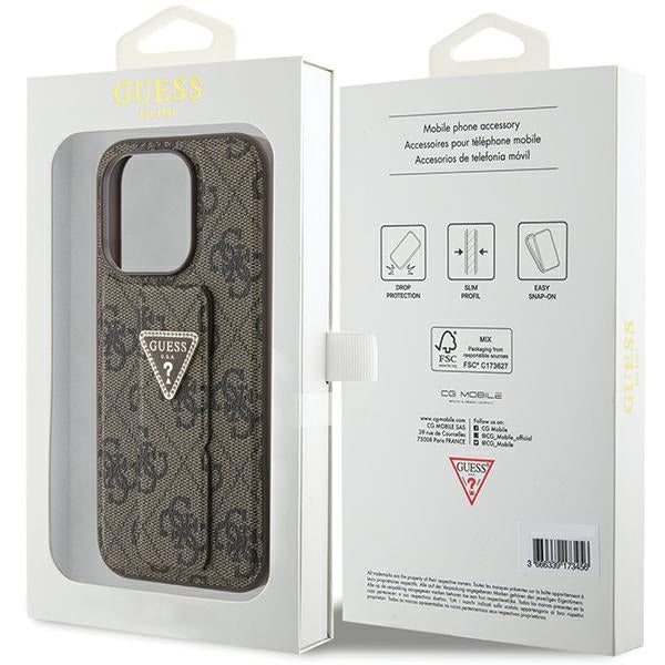 Guess iPhone 15 Pro Max Grip Stand 4G Triangle Strass Logo Θήκη με Επένδυση Συνθετικού Δέρματος και Stand - Brown - GUHCP15XPGS4TDW