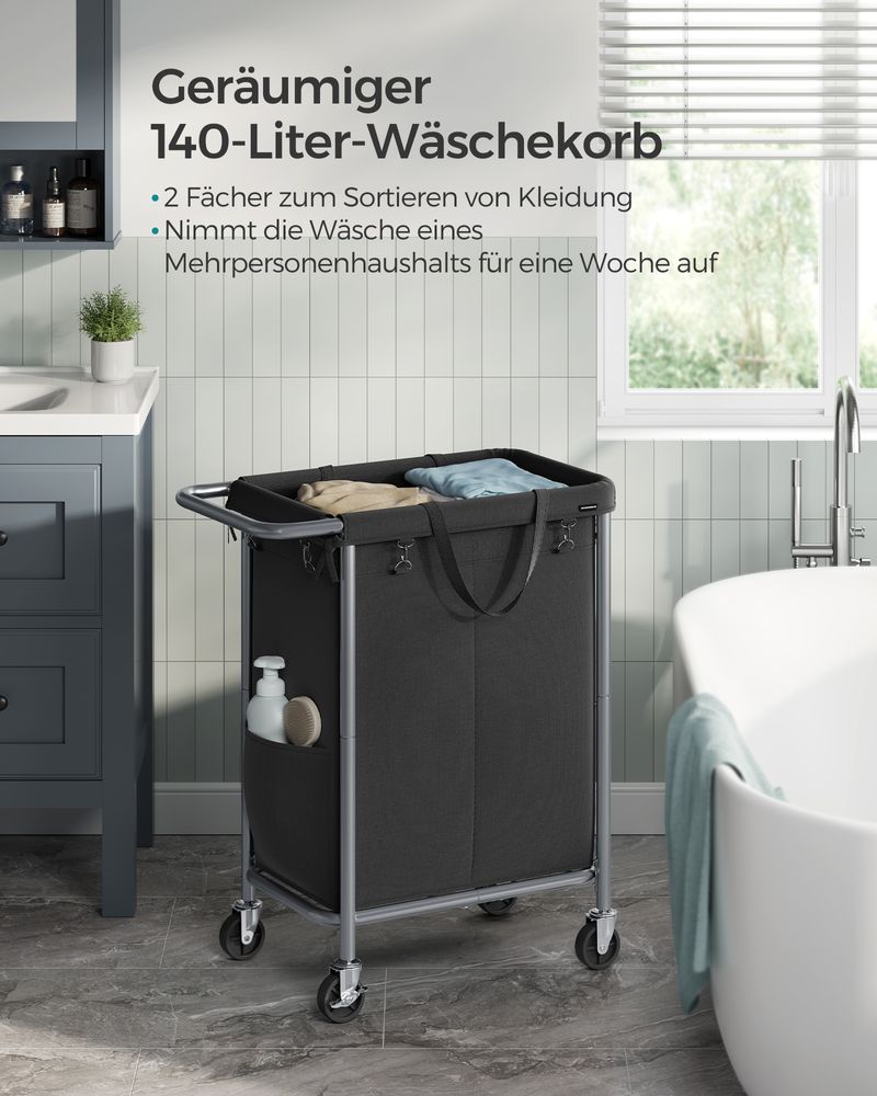 Songmics Τροχήλατο Καλάθι Απλύτων με 2 Χωρίσματα - 140L - Ink Black - RLS004B01