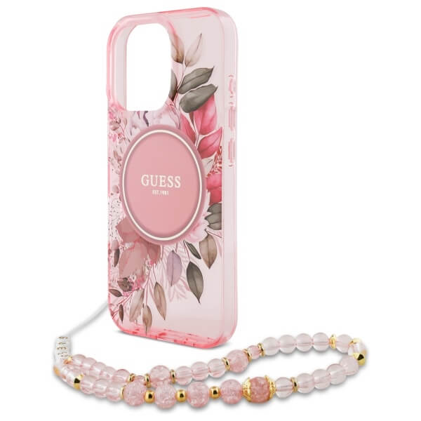 Guess iPhone 16 Pro - IML Flowers With Pearl Strap MagSafe - Σκληρή Θήκη με Πλαίσιο Σιλικόνης και Λουράκι - Pink - GUHMP16LHFWBRCESP