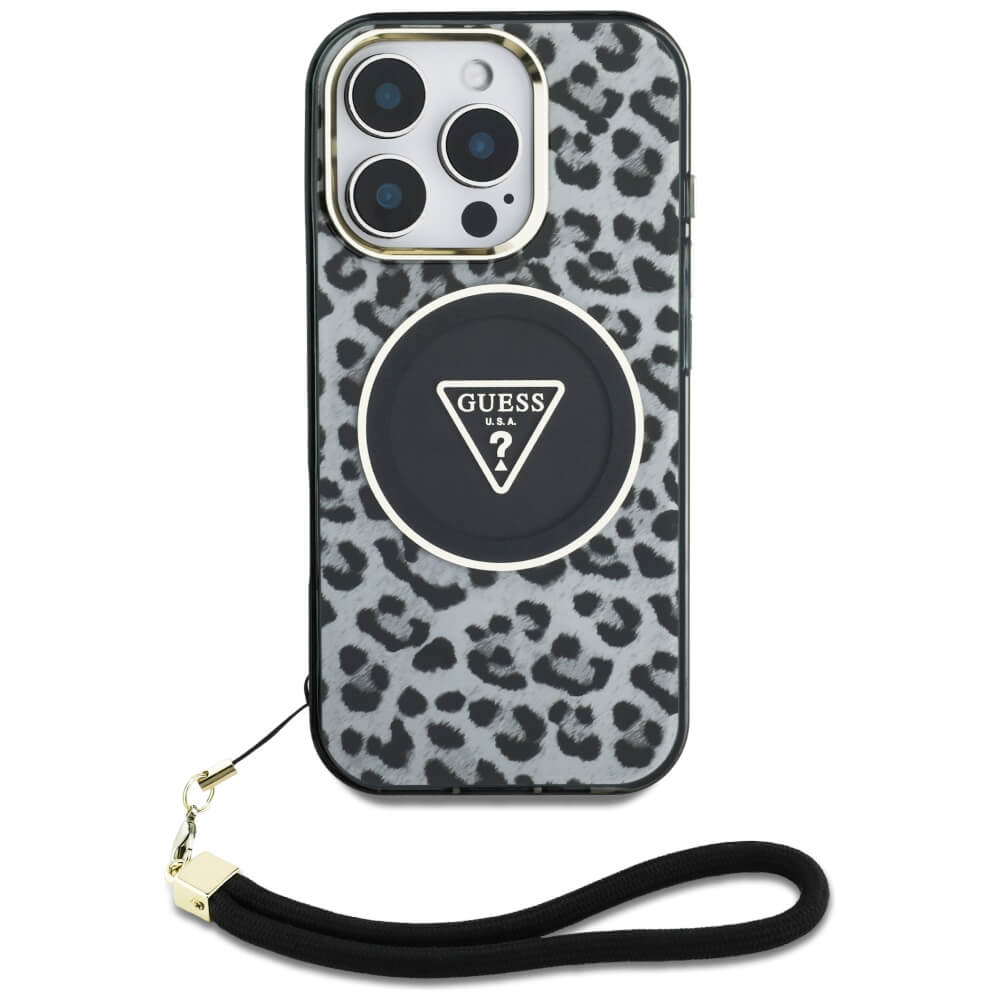 Guess iPhone 16 Pro - HC IML Leopard Triangle Cord Strap MagSafe - Σκληρή Θήκη με Πλαίσιο Σιλικόνης και Λουράκι - Black - GUHMP16LHLORSSK