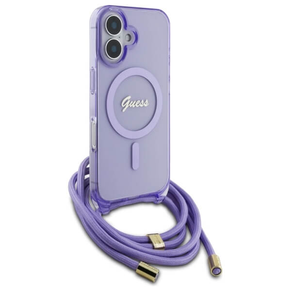 Guess iPhone 16 - Crossbody Cord Script MagSafe - Σκληρή Θήκη με Πλαίσιο Σιλικόνης και Λουράκι - Purple - GUHMP16SHCTSGNSU