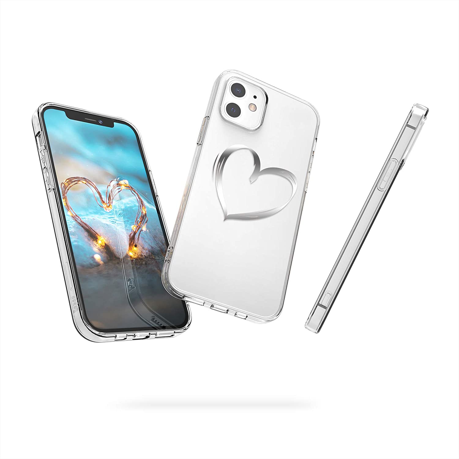 KW iPhone 12 / iPhone 12 Pro Θήκη Σιλικόνης TPU Design Brushed Heart - Διάφανη / Silver - 53035.09