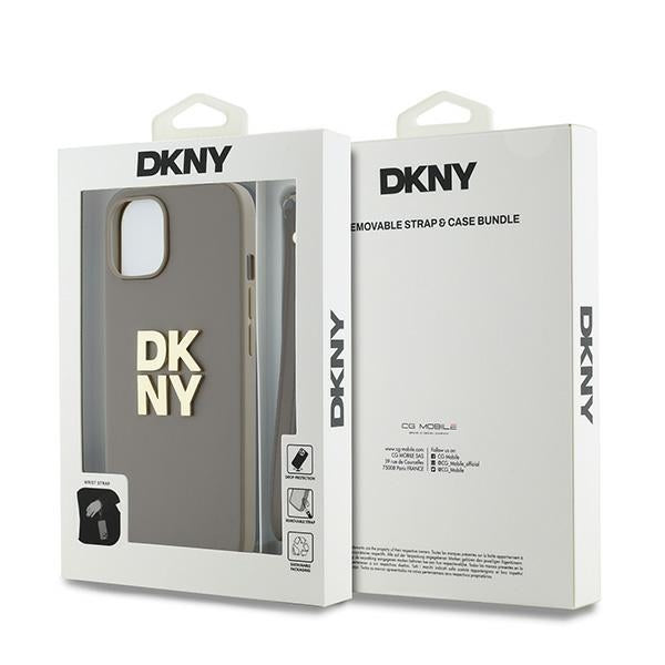 DKNY iPhone 15 / 14 / 13 - Wrist Strap Stock Logo - Σκληρή Θήκη με Επένδυση Συνθετικού Δέρματος με Λουράκι - Beige