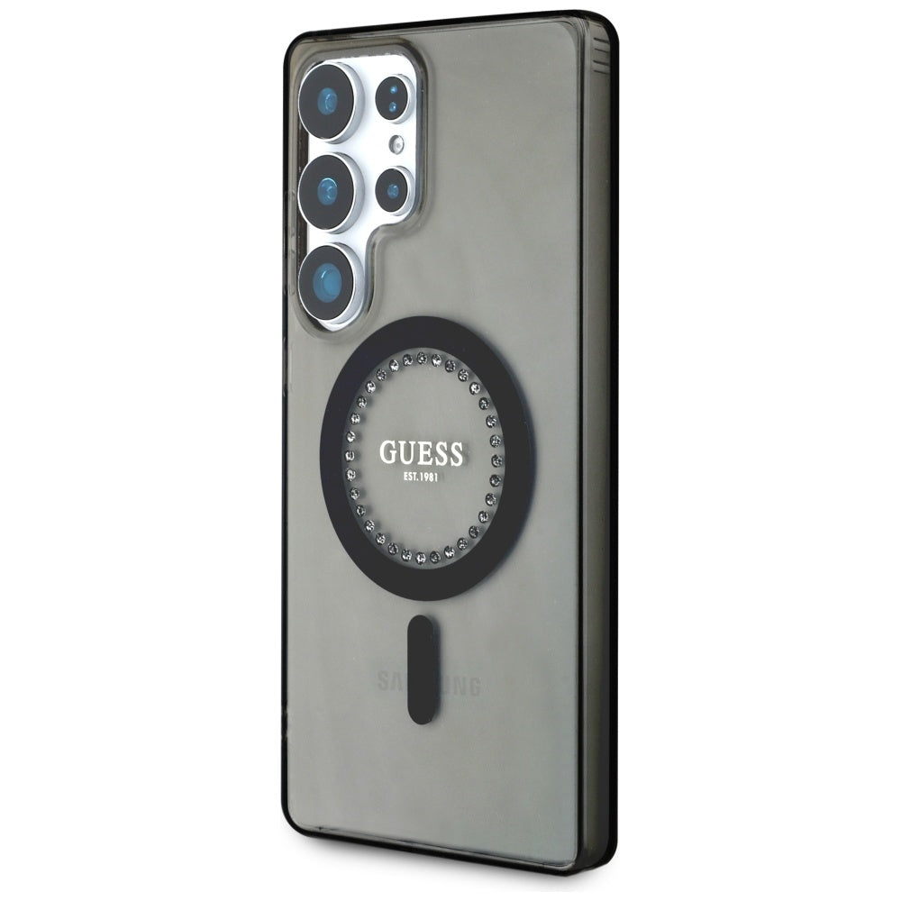 Guess Samsung Galaxy S25 Ultra - Rhinestones Printed Classic Logo - MagSafe Σκληρή Θήκη με Πλαίσιο Σιλικόνης - Black - GUHMS25LPFTDTEK