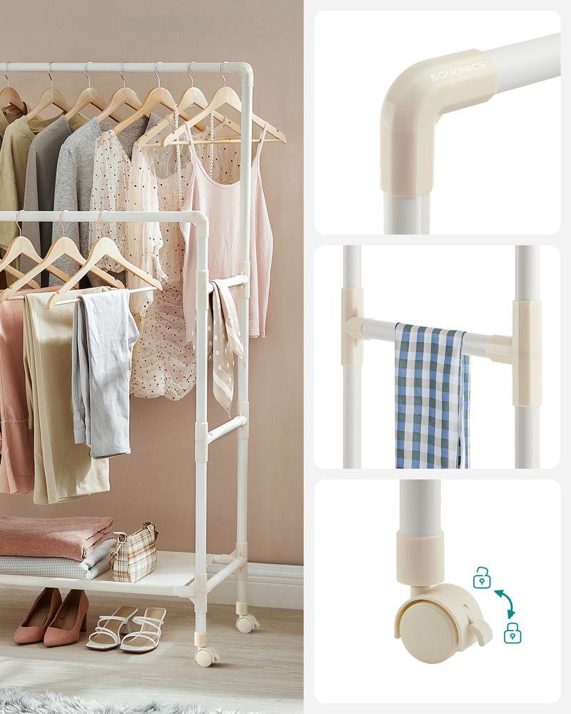 Songmics Κρεμάστρα Δαπέδου με 2 Pάγες Pούχων, 1 Ράφι και Ροδάκια - White - RDR101W02