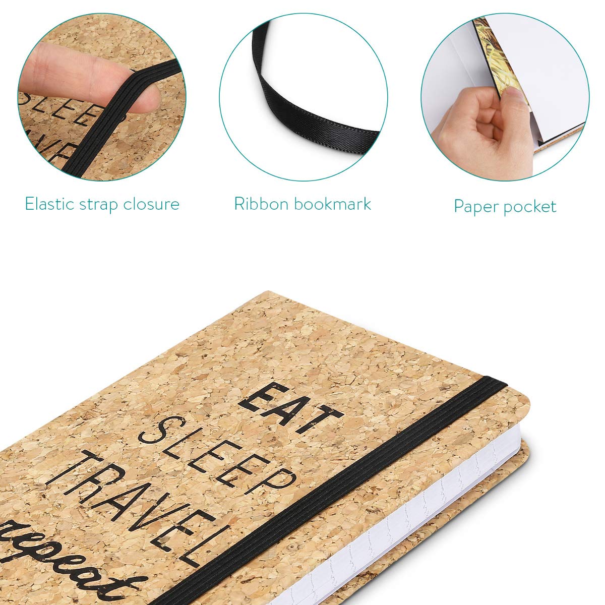 Navaris Notebook with Cork Cover Σημειωματάριο από Φελλό Design Eat Sleep Travel Repeat - 48477.03