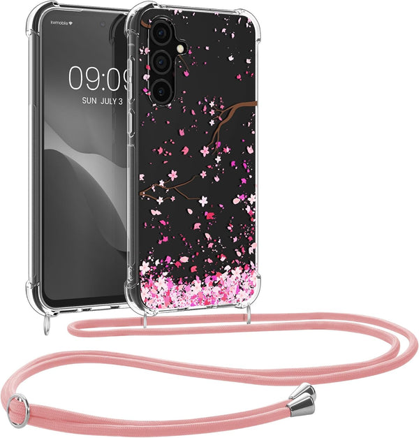 KW Samsung Galaxy A35 5G Θήκη Σιλικόνης TPU με Λουράκι - Design Cherry Blossom Leaves - Pink / Dark Brown / Διάφανη