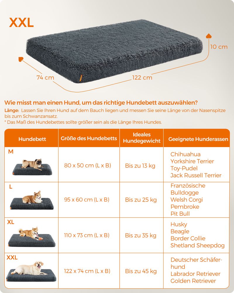 Feandrea Μαξιλάρι / Κρεβάτι Σκύλου με Αφαιρούμενο και Πλενόμενο Κάλυμμα - 122 x 74 x 10 cm - Dark Grey - PGW214G02