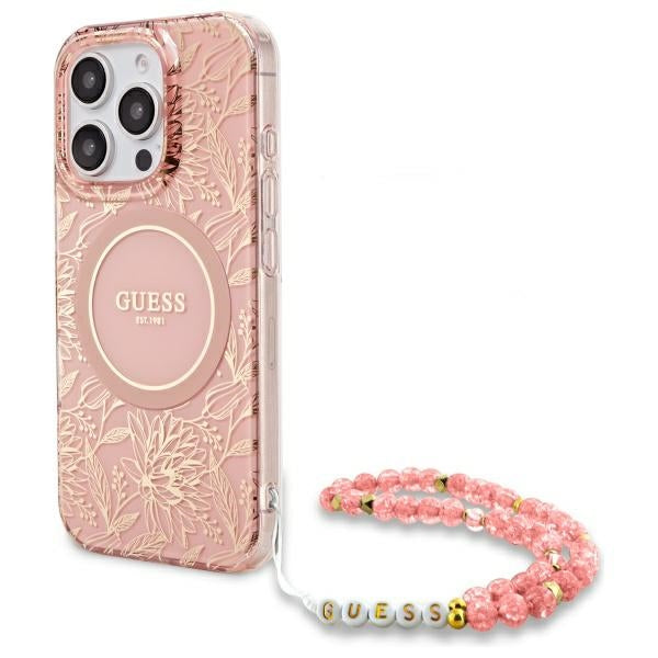 Guess iPhone 16 Pro - IML Flowers Allover Electro With Pearl Strap MagSafe - Σκληρή Θήκη με Πλαίσιο Σιλικόνης και Λουράκι - Pink - GUHMP16LHCPOFPP