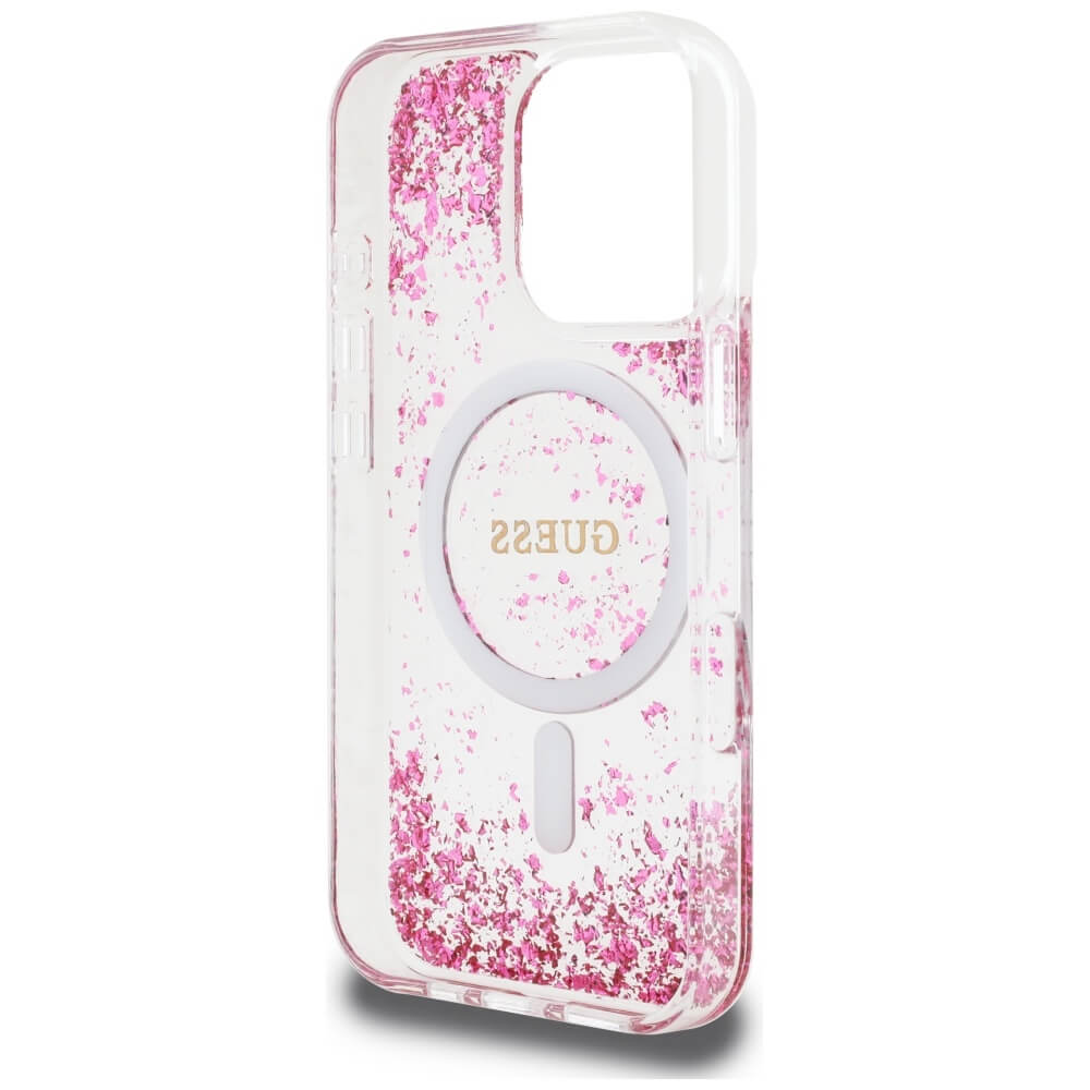 Guess iPhone 16 Pro - HC Resin Bottom Glitter - MagSafe Σκληρή Θήκη με Πλαίσιο Σιλικόνης - Pink - GUHMP16LRGRGEP