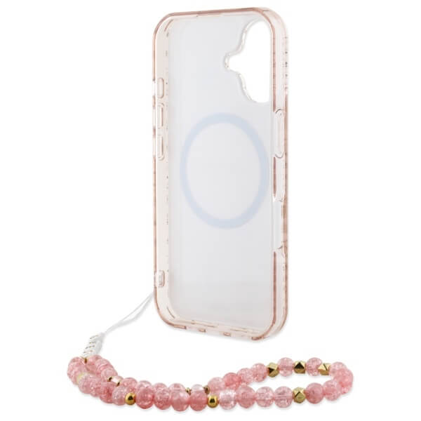 Guess iPhone 16 Plus - IML Flowers Allover Electro With Pearl Strap MagSafe - Σκληρή Θήκη με Πλαίσιο Σιλικόνης και Λουράκι - White / Pink - GUHMP16MHCPOFPP