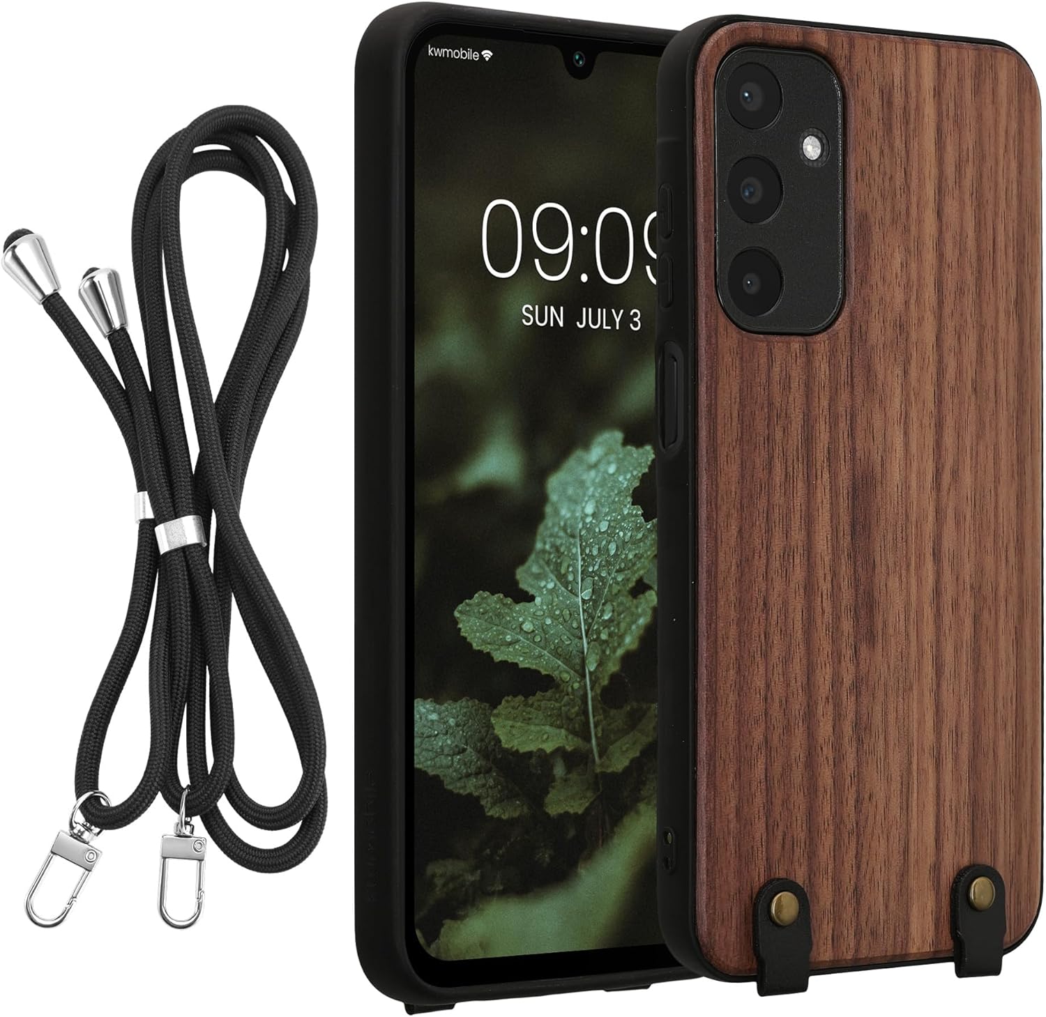 KW Samsung Galaxy A25 5G Θήκη από Φυσικό Ξύλο με Πλαίσιο Σιλικόνης και Λουράκι - Dark Brown