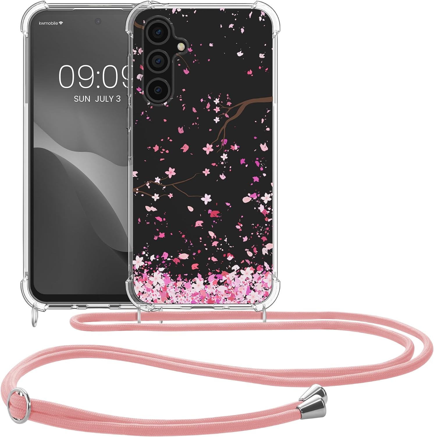 KW Samsung Galaxy A35 5G Θήκη Σιλικόνης TPU με Λουράκι - Design Cherry Blossom Leaves - Pink / Dark Brown / Διάφανη