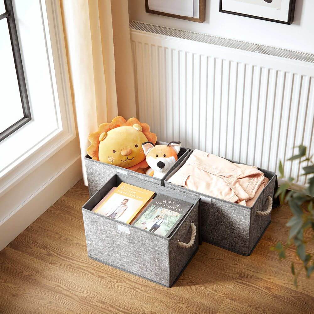 Songmics Σετ με 3 Υφασμάτινα Κουτιά Αποθήκευσης με Καπάκι και Χερούλια - Grey - RFB013G02