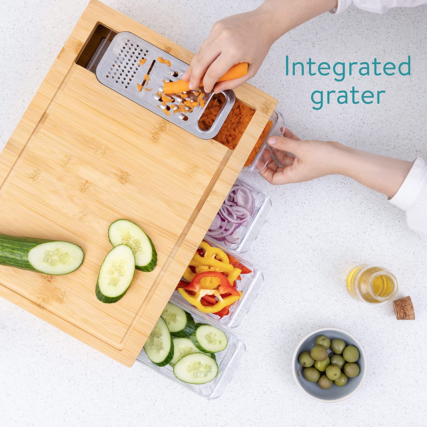 Navaris Ξύλο Κοπής από Μπαμπού με Τρίφτη και 4 Δοχεία Συλλογής - Brown - 58084.01