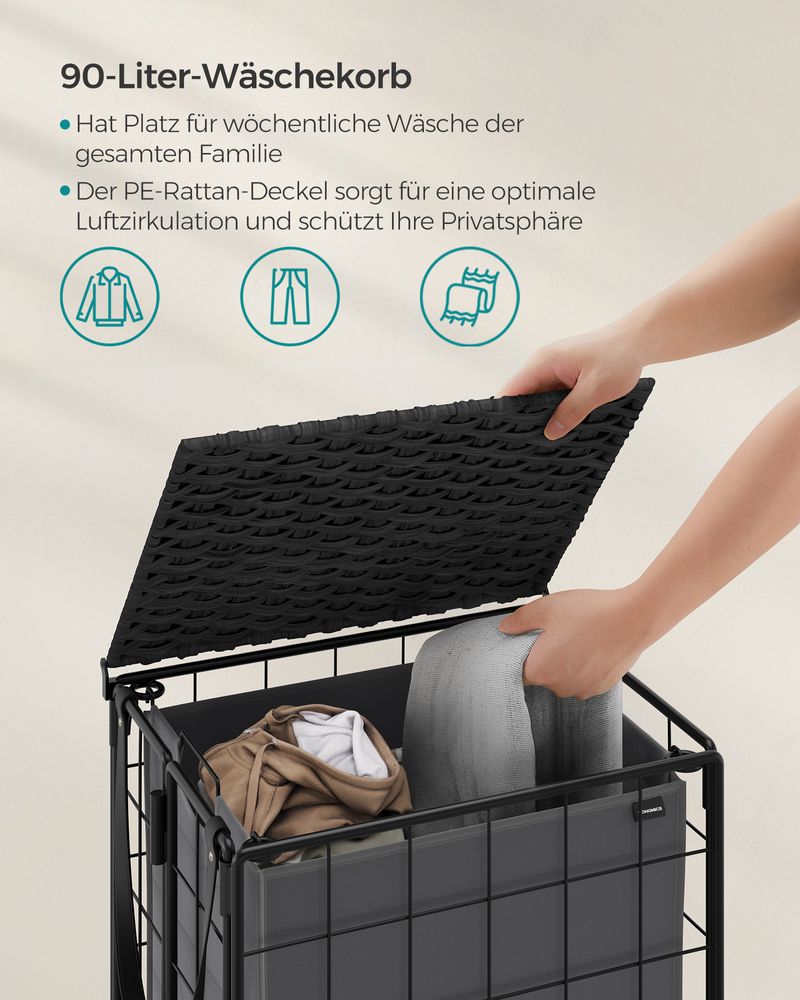 Songmics Τροχήλατο Αναδιπλούμενο Καλάθι Απλύτων με Καπάκι - 90L - Ink Black / Slate Grey - LCB290B11