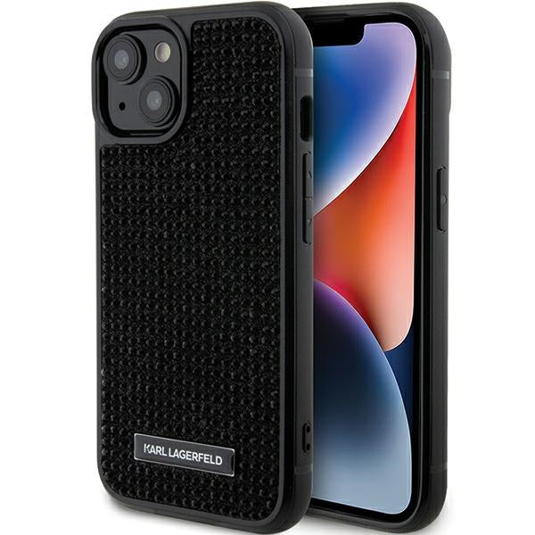 Karl Lagerfeld iPhone 15 - Rhinestone Logo Metal Plate Σκληρή Θήκη με Πλαίσιο Σιλικόνης - Black - KLHCP15SHDSPLK