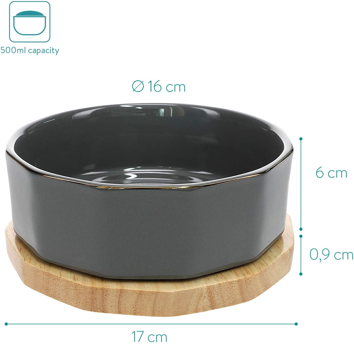 Navaris Ceramic Dog Bowls with Wood Underlay - Σετ με 2 Μπολ Φαγητού και Νερού με Βάση από Ξύλο Βελανιδιάς και Κεραμικό για Κατοικίδια - Dark Green / Gray - 50946.80