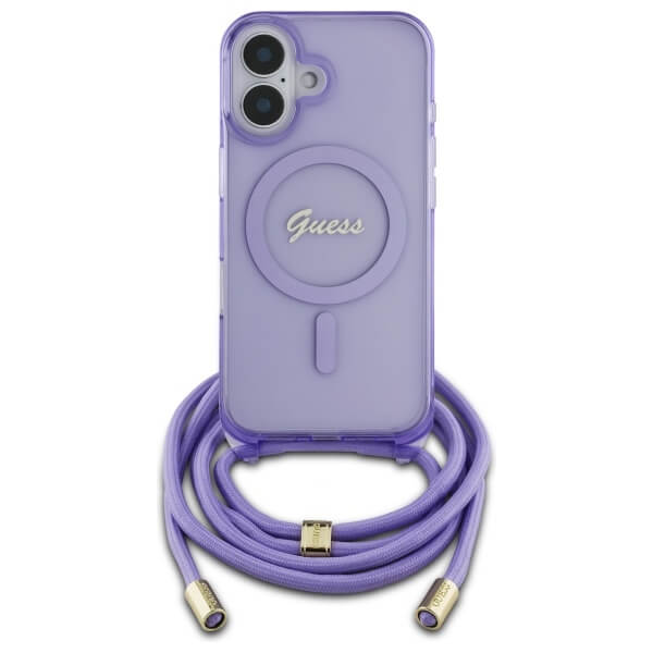 Guess iPhone 16 - Crossbody Cord Script MagSafe - Σκληρή Θήκη με Πλαίσιο Σιλικόνης και Λουράκι - Purple - GUHMP16SHCTSGNSU