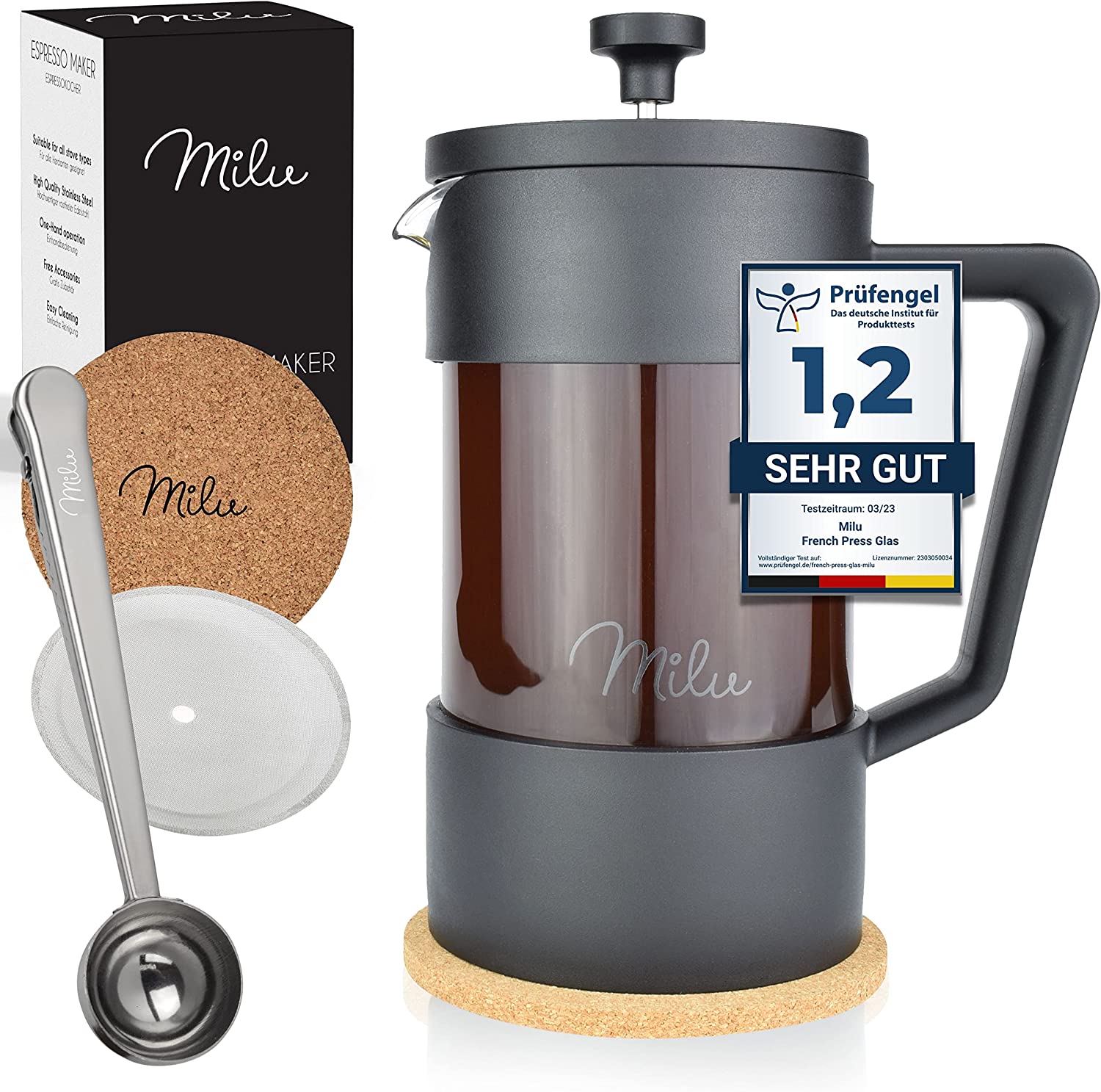 Milu French Press Coffee Maker Γαλλική Γυάλινη Καφετιέρα - Πρέσα Καφέ - 1000ml - Black - 5079