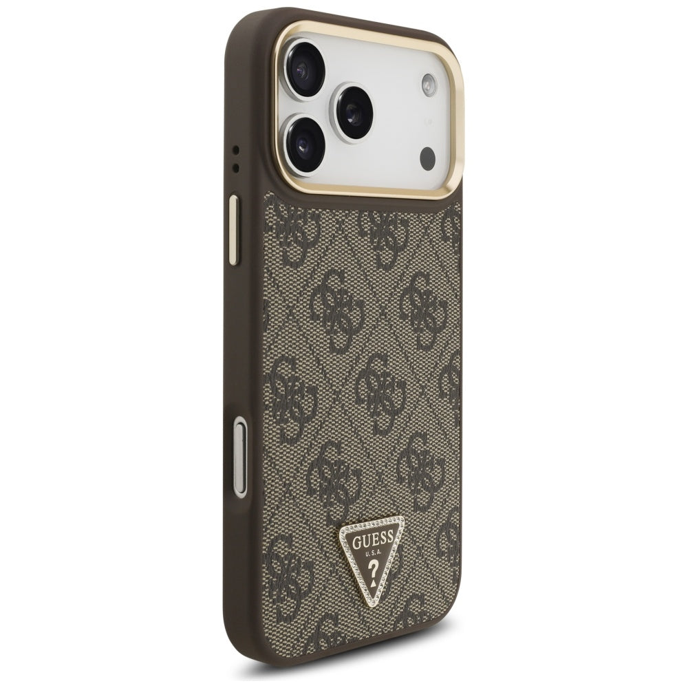 Guess iPhone 17 Pro Max - 4G Triangle Strass Logo MagSafe - Σκληρή Θήκη με Επένδυση Συνθετικού Δέρματος - Brown / Gold - GUHMP17XP4GTDGMW