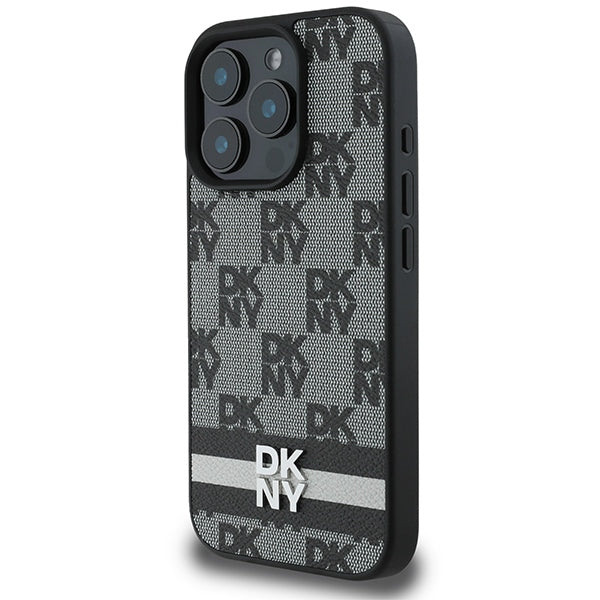 DKNY iPhone 16 Pro Max - Checkered Pattern and Printed Stripes Σκληρή Θήκη με Επένδυση Συνθετικού Δέρματος - Black