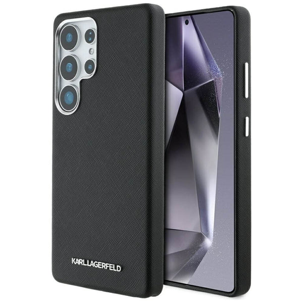 Karl Lagerfeld Samsung Galaxy S25 Ultra - Saffiano Full Wrapped Elongated Metal Logo - MagSafe Σκληρή Θήκη με Επένδυση Συνθετικού Δέρματος και Πλαίσιο Σιλικόνης - Black - KLHMS25LPSAFWMCK