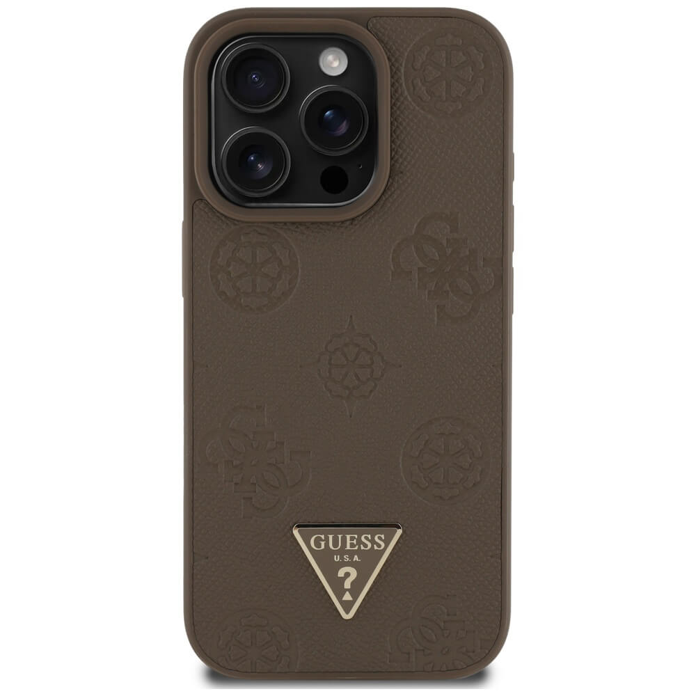 Guess iPhone 16 Pro - Grained Hot Stamp Peony Triangle Logo - MagSafe Σκληρή Θήκη με Επένδυση Συνθετικού Δέρματος - Brown - GUHMP16LPGBTMW