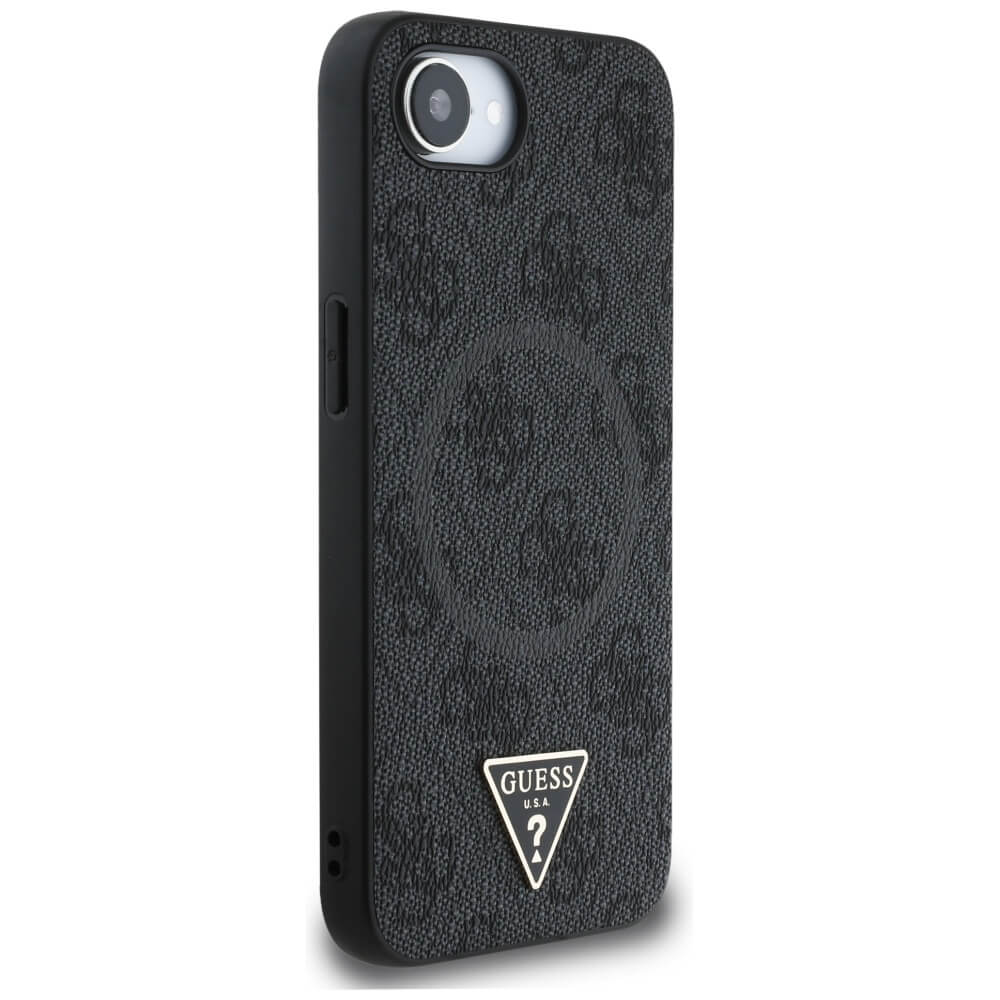 Guess iPhone 16e - 4G Ring Triangle Logo - MagSafe Θήκη με Επένδυση Συνθετικού Δέρματος - Black - GUHMPSE4P4TDPK