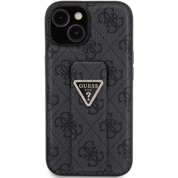 Guess iPhone 15 Grip Stand 4G Triangle Strass Logo Θήκη με Επένδυση Συνθετικού Δέρματος και Stand - Black - GUHCP15SPGS4TDK