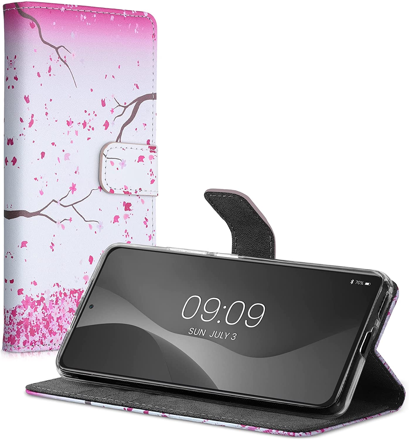 KW Xiaomi Poco F3 / Mi 11i Θήκη Πορτοφόλι Stand - Design Cherry Blossoms - Light Pink / Dark Brown / White - 56713.03