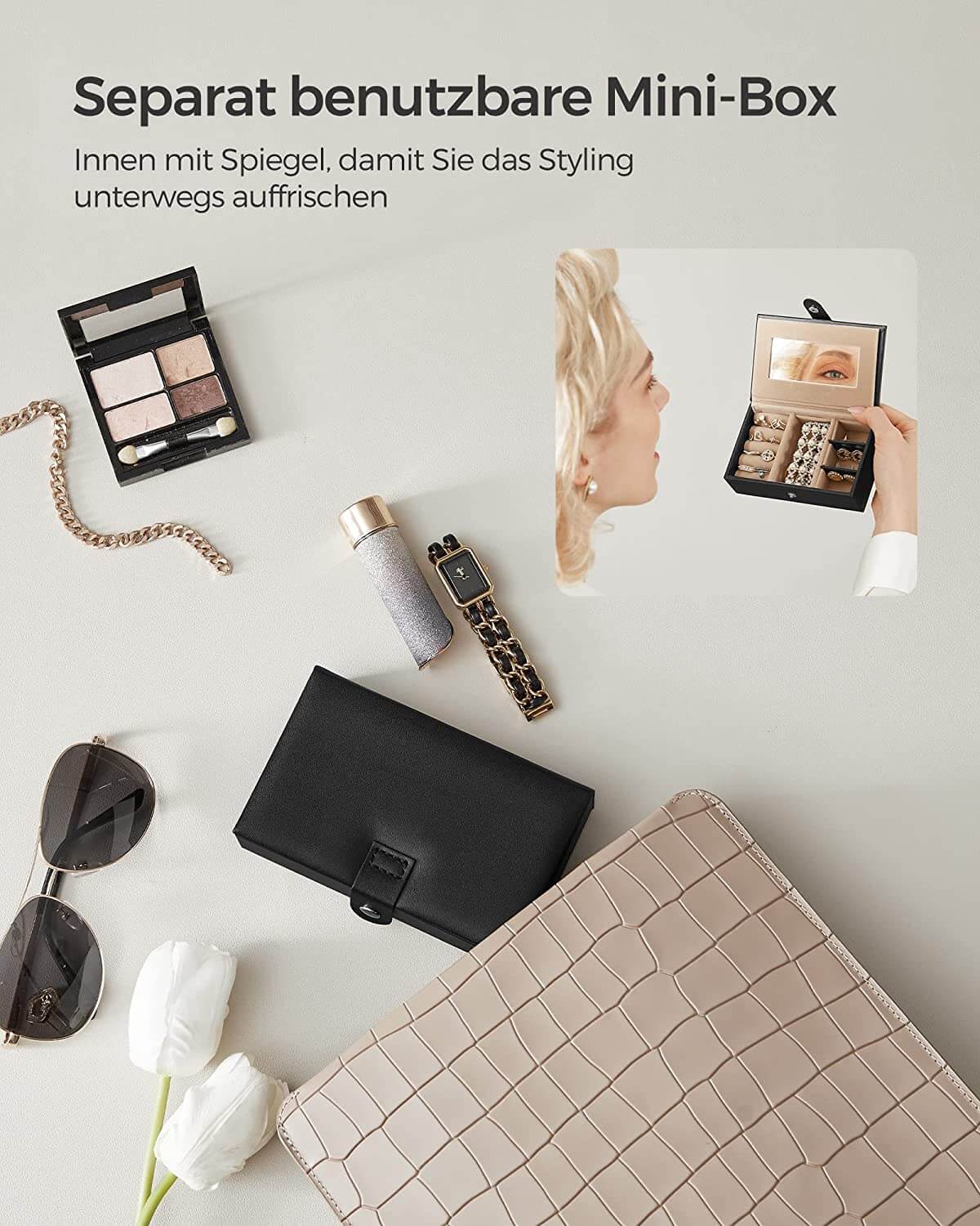 Songmics Φορητό Κουτί Αποθήκευσης Κοσμημάτων με Καθρέπτη και Κλειδαριά - Black - JBC121B