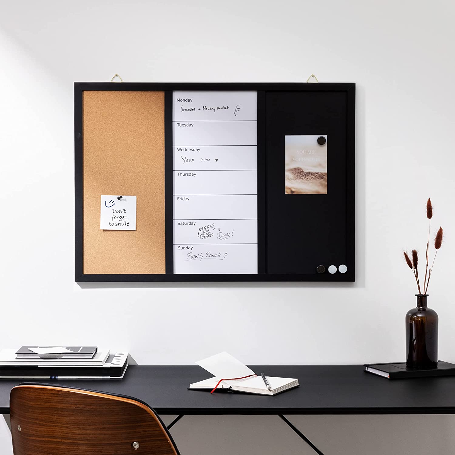 Navaris Combination Board 3 in 1 - Πίνακας 3 σε 1 με Μαυροπίνακα - Φελλό - Μαγνητικό Πίνακα 70 x 50cm - Black - 47164.01.2