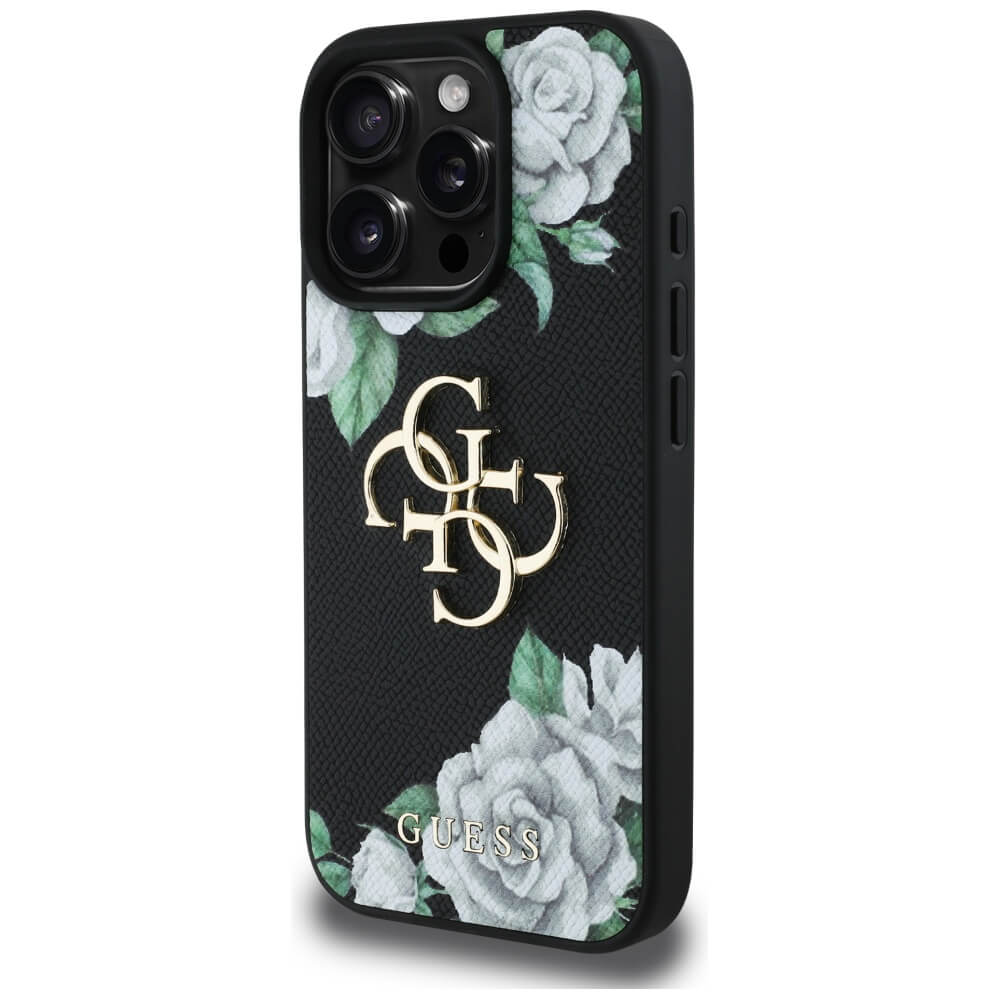 Guess iPhone 16 Pro - Grained Roses Big 4G Logo - Σκληρή Θήκη με Επένδυση από Οικολογικό Δέρμα - Black - GUHCP16LPGROP4MK