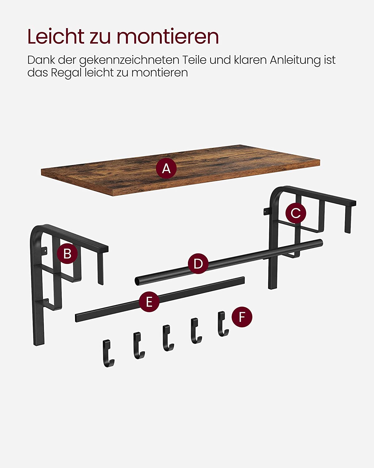 Vasagle Επιτοίχια Κρεμάστρα με Ράβδο και με 5 Αφαιρούμενους Γάντζους - 66 x 30 x 27 cm - Vintage Brown / Black - LCR12BX
