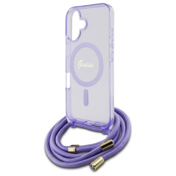 Guess iPhone 16 - Crossbody Cord Script MagSafe - Σκληρή Θήκη με Πλαίσιο Σιλικόνης και Λουράκι - Purple - GUHMP16SHCTSGNSU