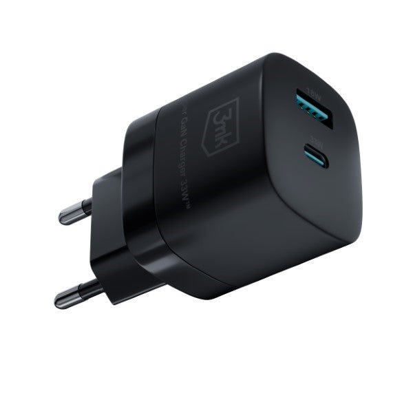 3MK Hyper GaN 33W Οικιακός Φορτιστής Γρήγορης Φόρτισης με 1 Θύρα Type - C και 1 Θύρα USB - Black
