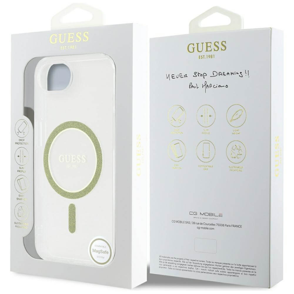 Guess iPhone 16e - IML Glitter Circle MagSafe - Σκληρή Θήκη με Πλαίσιο Σιλικόνης - Διάφανη - GUHMPSE4HFGERET