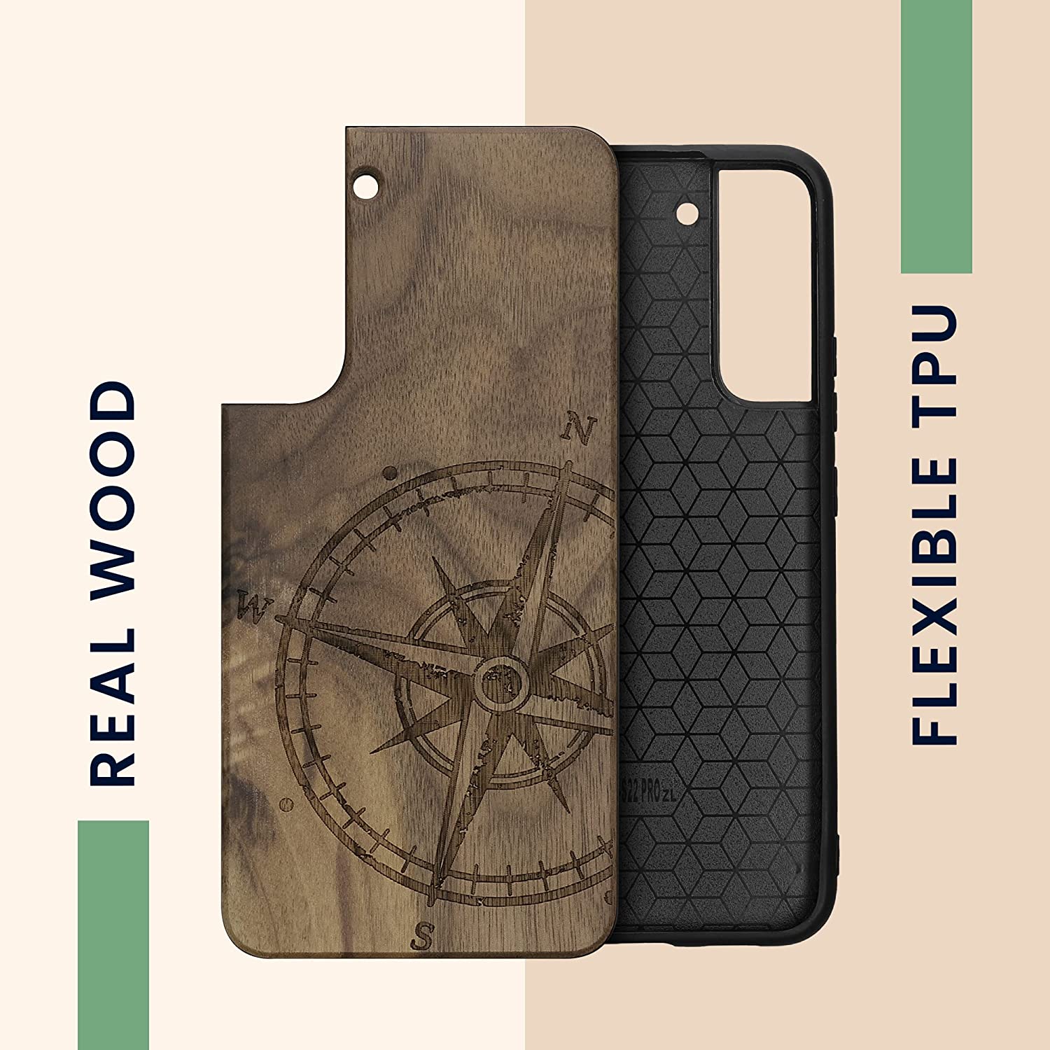 KW Samsung Galaxy S22+ Θήκη από Φυσικό Ξύλο - Design Navigational Compass - Dark Brown - 58305.02