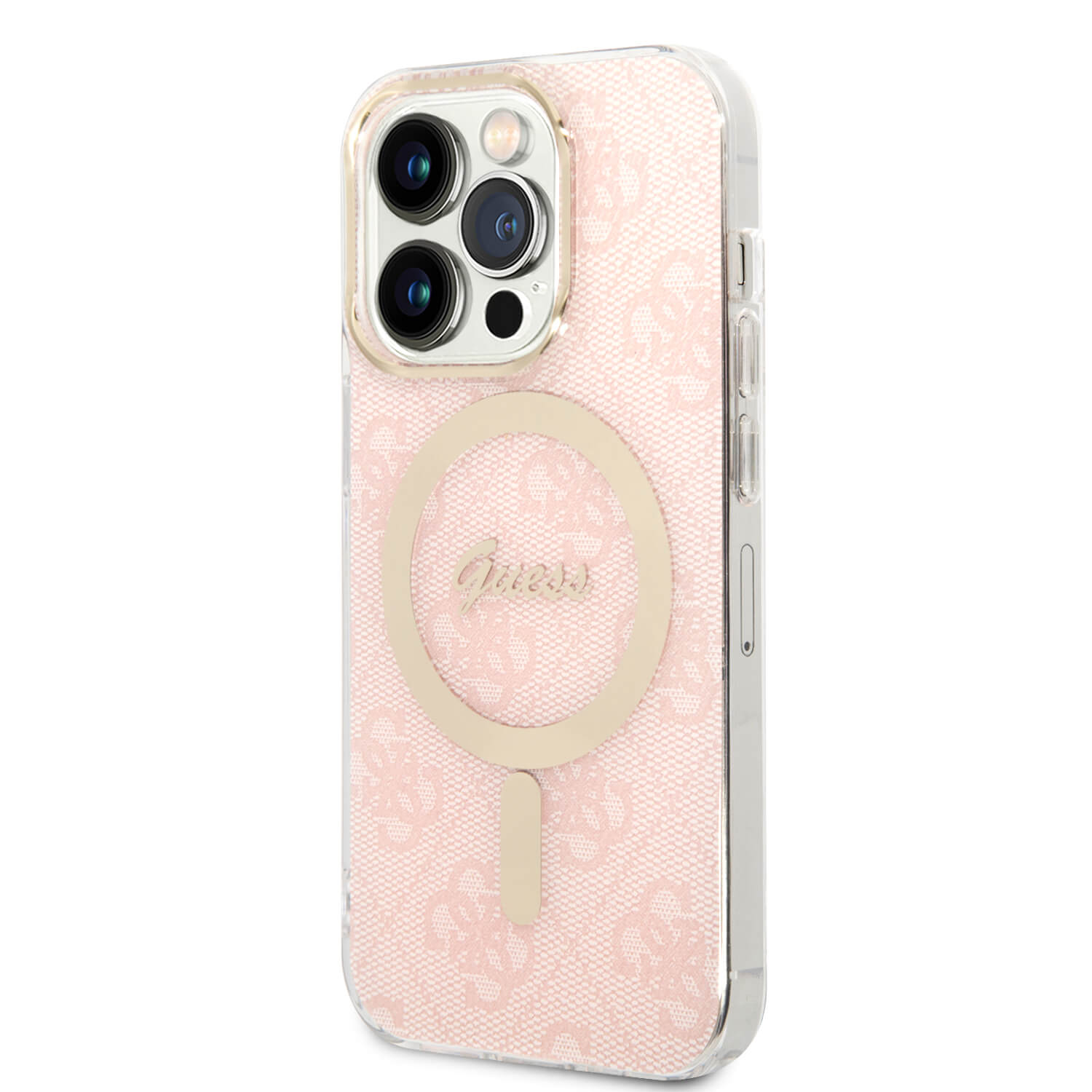 Guess iPhone 14 Pro - Bundle Pack MagSafe - Σετ Σκληρή Θήκη με Πλαίσιο Σιλικόνης και Ασύρματος Φορτιστής MagSafe - Design 4G and Gold - Pink - GUBPP14LH4EACSP
