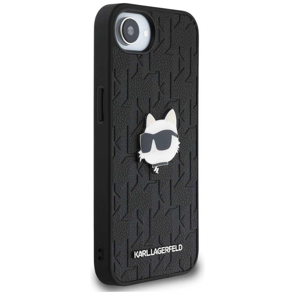 Karl Lagerfeld iPhone 16e - Monogram Choupette Head Pin Σκληρή Θήκη με Επένδυση Συνθετικού Δέρματος - Black - KLHCPSE4PGKLCHPK