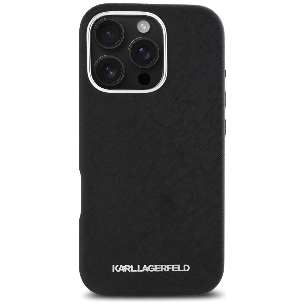 Karl Lagerfeld iPhone 16 Pro Max - Saffiano Full Wrapped Elongated Metal Logo - MagSafe Σκληρή Θήκη με Επένδυση Συνθετικού Δέρματος και Πλαίσιο Σιλικόνης - Black - KLHMP16XPSAFWMCK