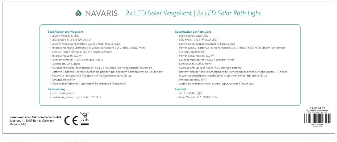 Navaris Solar Garden Lights Σετ με 2 Ηλιακά LED Φωτιστικά Εξωτερικού Χώρου - Ornamental Torches - 51103.01.02