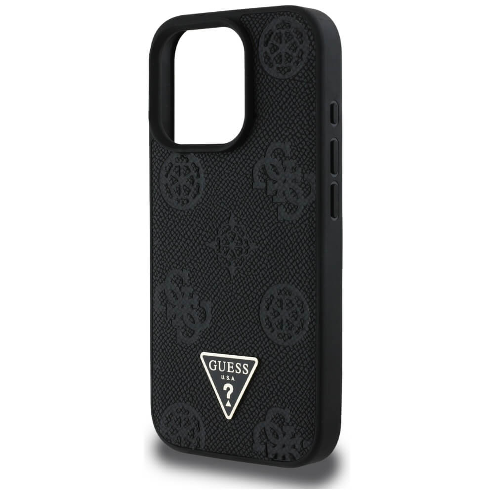 Guess iPhone 16 Pro - Grained Hot Stamp Peony Triangle Logo - MagSafe Σκληρή Θήκη με Επένδυση Συνθετικού Δέρματος - Black - GUHMP16LPGBTMK