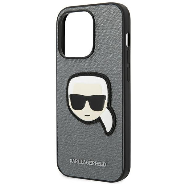 Karl Lagerfeld iPhone 14 Pro - Saffiano Karl's Head Patch Σκληρή Θήκη με Επένδυση Συνθετικού Δέρματος και Πλαίσιο Σιλικόνης - Silver - KLHCP14LSAPKHG